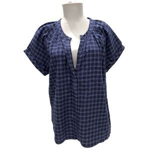 Navy light blue plaid cuffed sleeves no fabric content possibly cotton